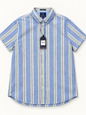 Ben Sherman Blue, White & Green Vertical Stripe Short-Sleeve Button-Down Shirt